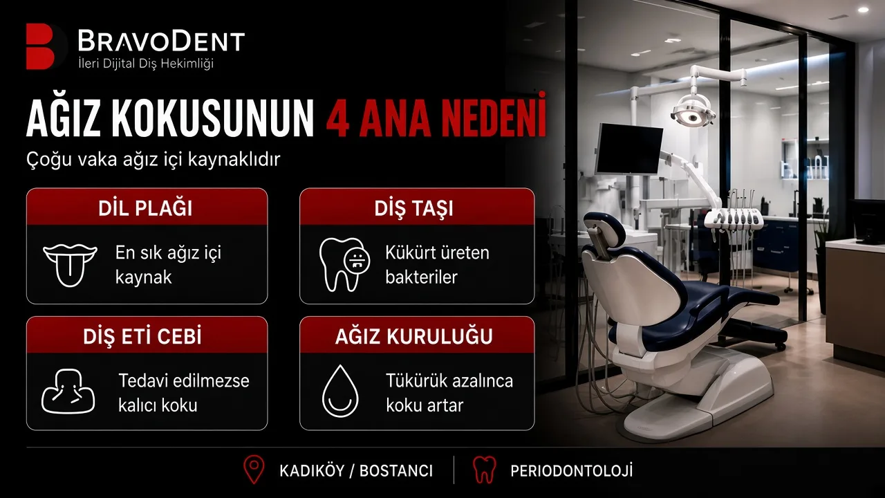 Ağız kokusunun 4 ana nedeni: dil plağı, diş taşı, diş eti cebi ve ağız kuruluğu — Bravodent Kadıköy periodontoloji