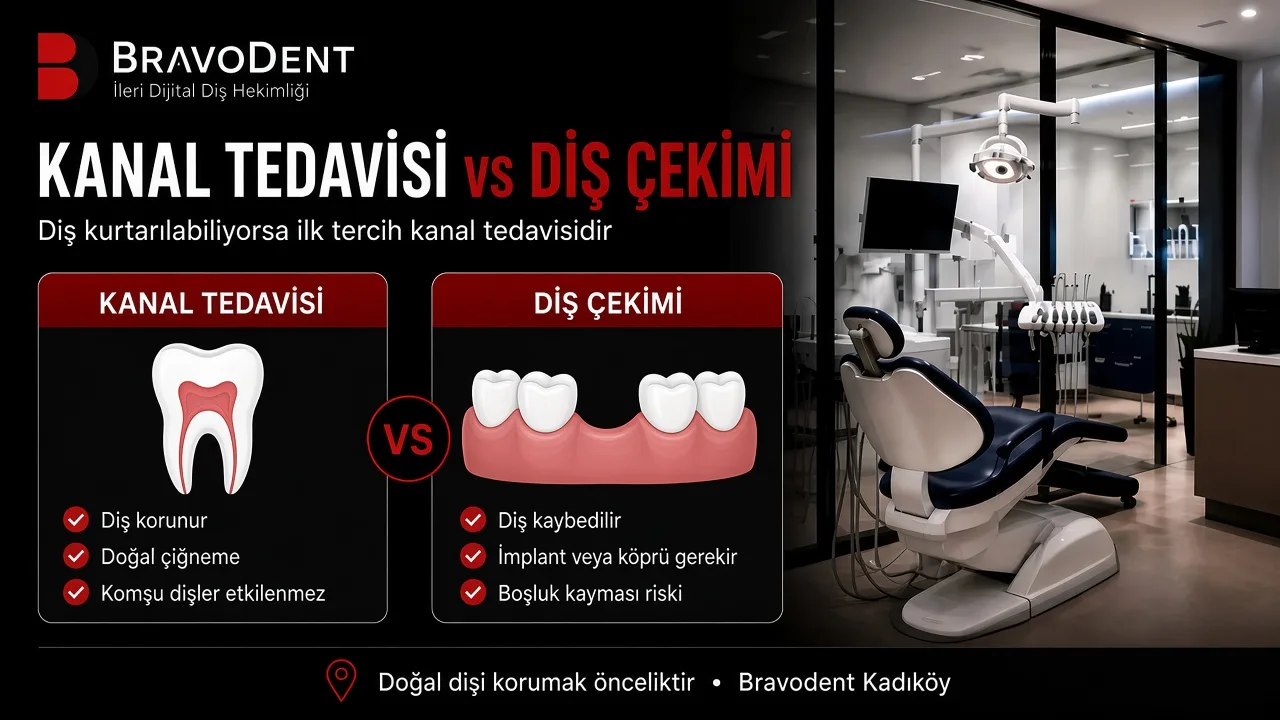 Kanal tedavisi ve diş çekimi karşılaştırması: doğal diş korunur mu, çiğneme, implant veya köprü ihtiyacı. Bravodent Kadıköy
