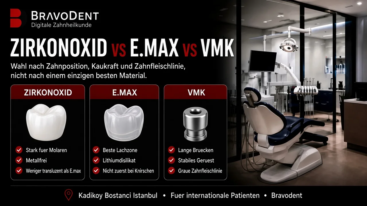 Zirkonoxid vs E.max vs VMK Zahnkronen: Festigkeit, Transluzenz und graue Zahnfleischlinie im Vergleich. Bravodent Kadikoy Istanbul