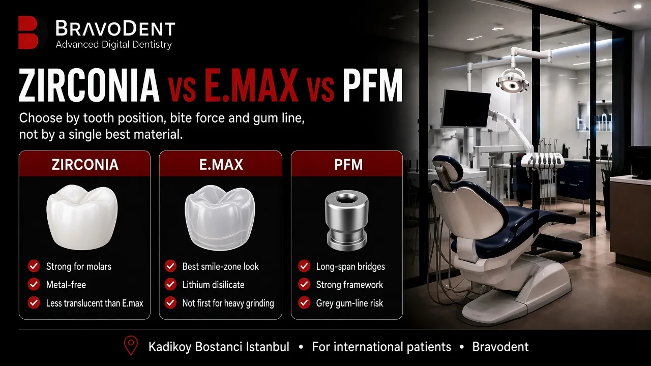 Zirconia vs E.max vs PFM dental crowns: strength, translucency and grey gum-line risk compared. Bravodent Kadikoy Istanbul