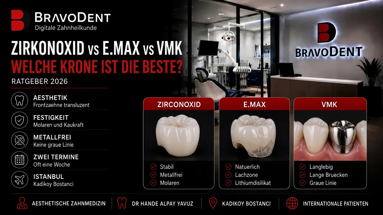 Zirkonoxid vs E.max vs Verblendmetallkeramik: Welche Krone ist die beste? (Ratgeber 2026 für internationale Patienten) - Bravodent Diş Kliniği İstanbul